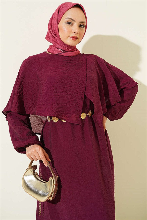 Cross-Shoulder Cape Dress, Plum
