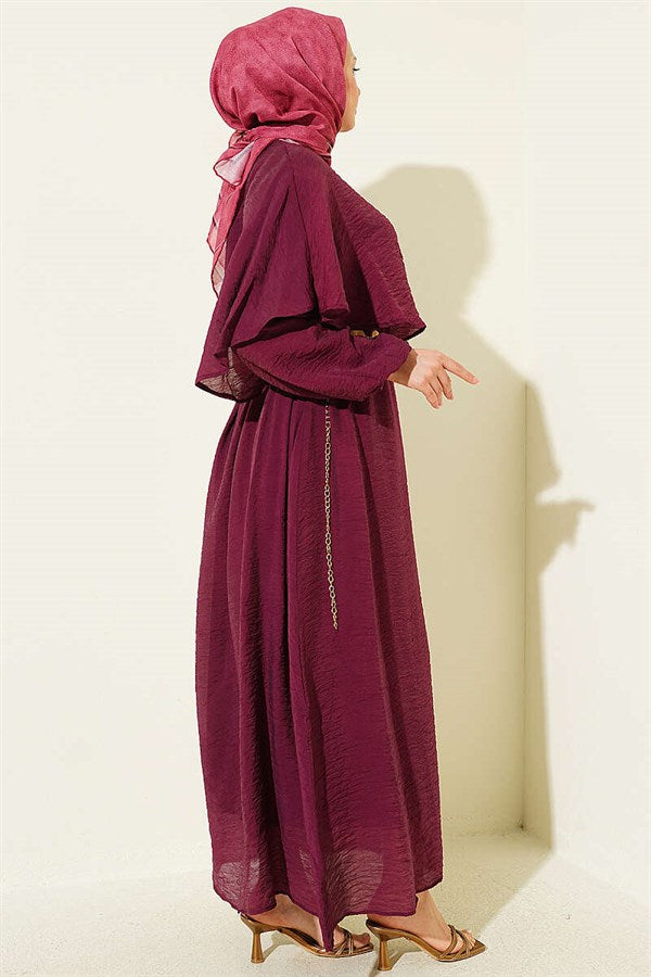 Cross-Shoulder Cape Dress, Plum