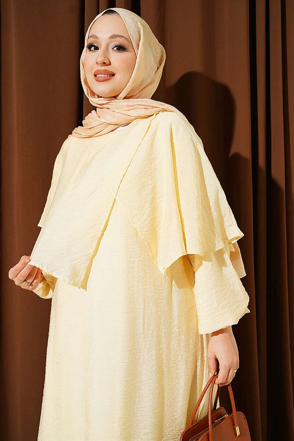 Cross-Shoulder Cape Dress, Yellow