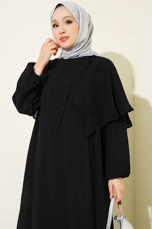 Cross-Shoulder Cape Dress, Black