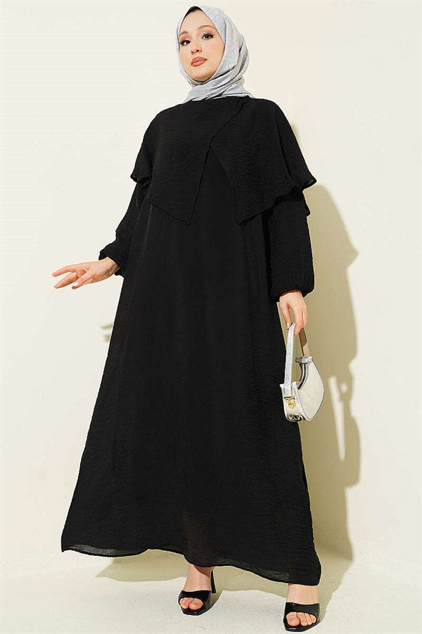 Cross-Shoulder Cape Dress, Black