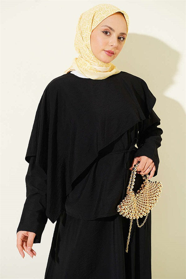 Cross-Shoulder Cape Skirt 2 Piece Set, Black