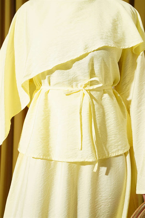 Cross-Shoulder Cape Skirt 2 Piece Set in Yellow
