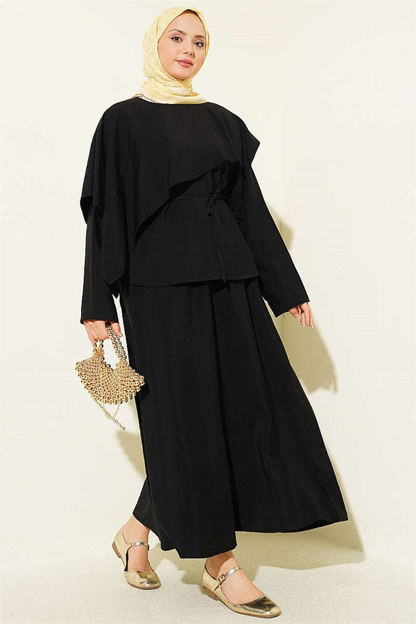 Cross-Shoulder Cape Skirt 2 Piece Set, Black