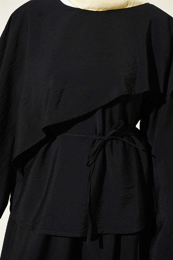 Cross-Shoulder Cape Skirt 2 Piece Set, Black