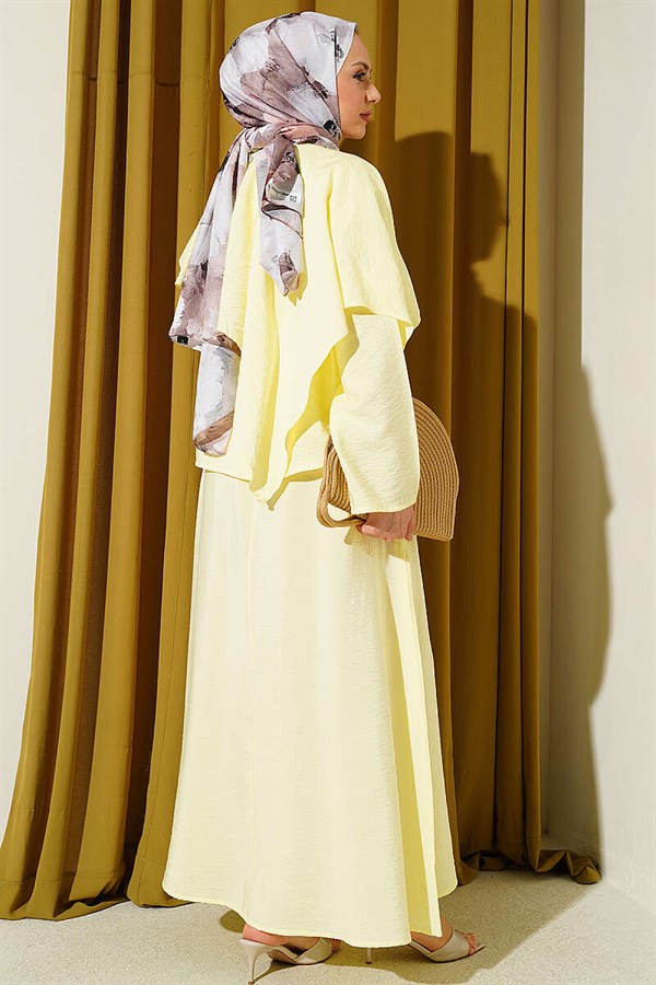 Cross-Shoulder Cape Skirt 2 Piece Set in Yellow