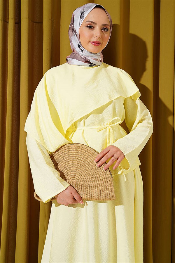 Cross-Shoulder Cape Skirt 2 Piece Set in Yellow