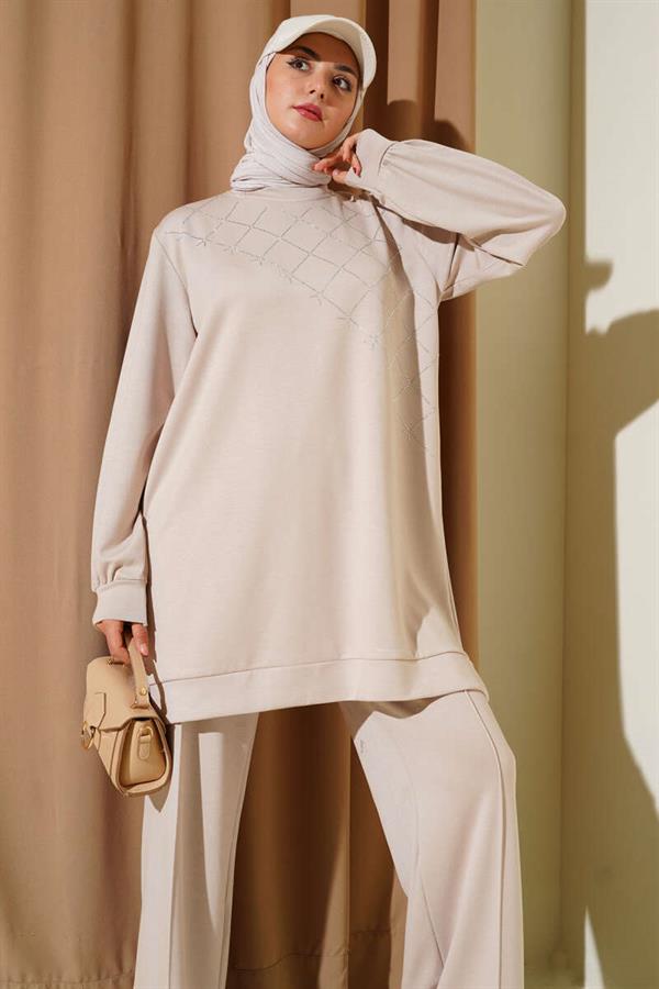 Cross Stone Embellished Two-Piece Set Beige