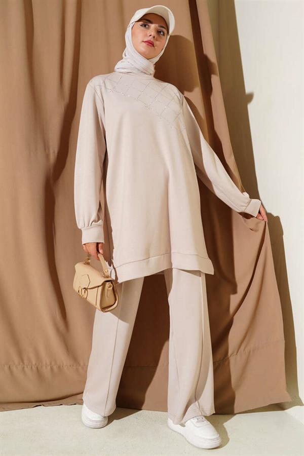 Cross Stone Embellished Two-Piece Set Beige