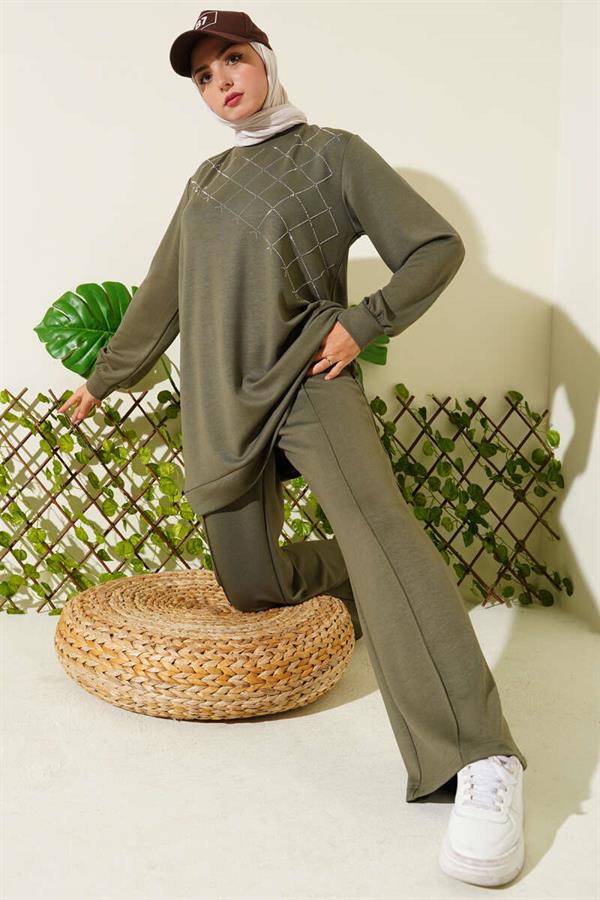 Cross Stone Embellished 2 Piece Set Khaki
