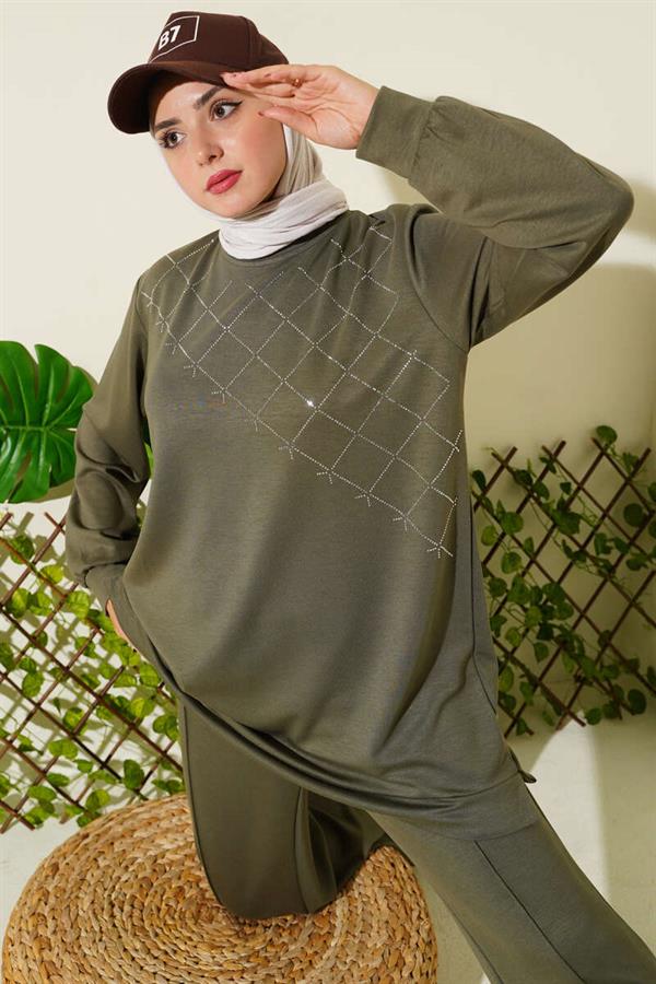 Cross Stone Embellished 2 Piece Set Khaki