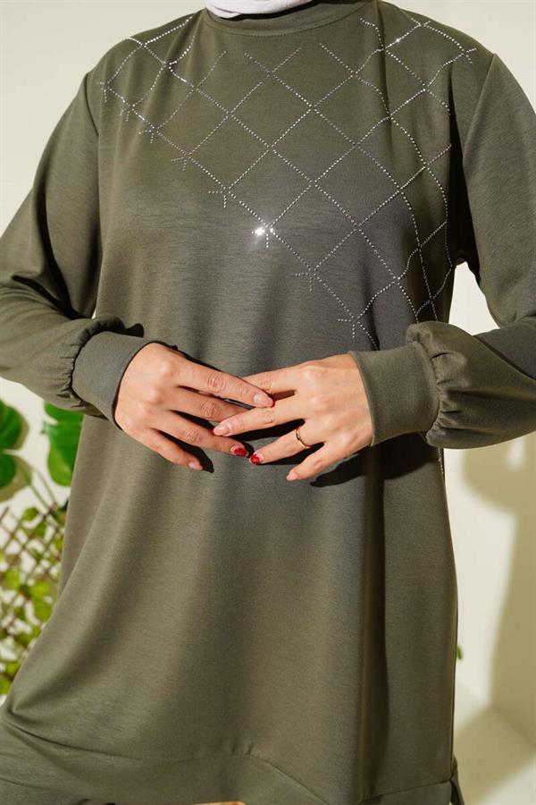 Cross Stone Embellished 2 Piece Set Khaki