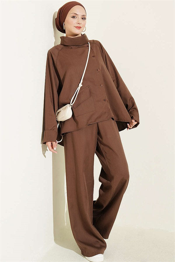 Cross-Neck Buttoned 2 Piece Set in Coffee