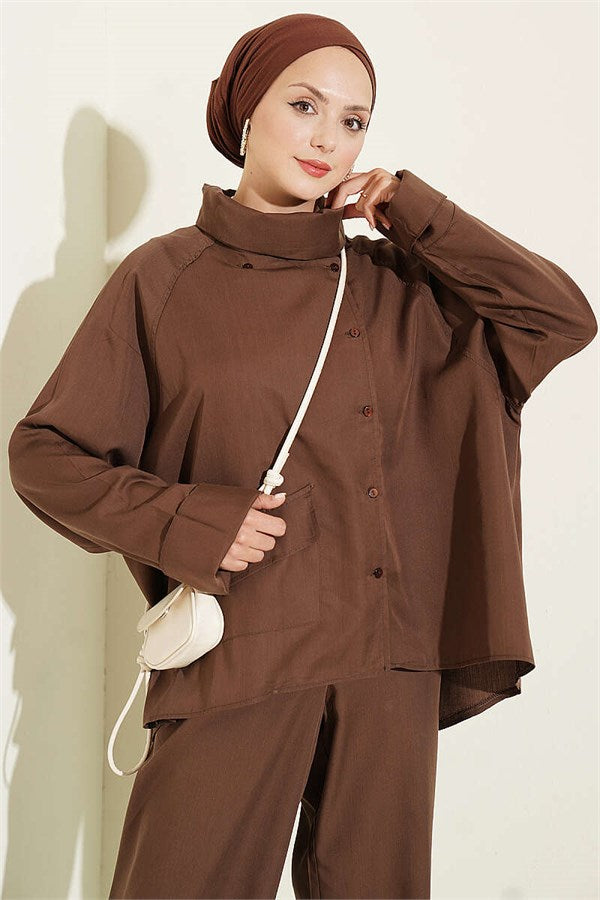 Cross-Neck Buttoned 2 Piece Set in Coffee
