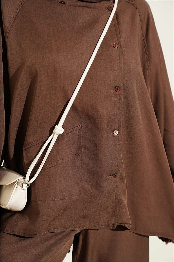 Cross-Neck Buttoned 2 Piece Set in Coffee
