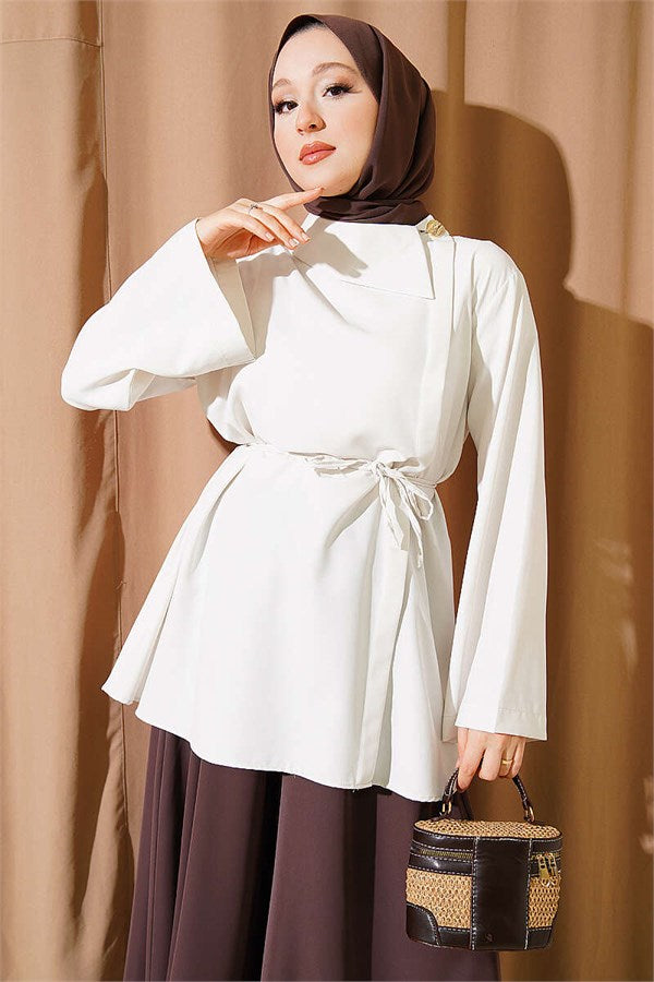 Cross Collar Hidden Button Shirt, Ecru