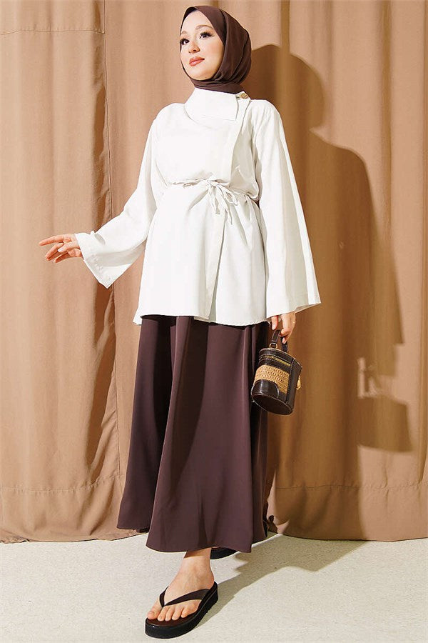 Cross Collar Hidden Button Shirt, Ecru