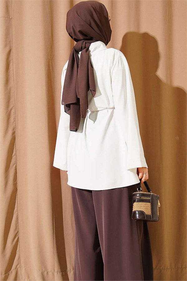 Cross Collar Hidden Button Shirt, Ecru