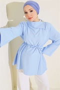 Cross Collar Hidden Button Shirt Blue