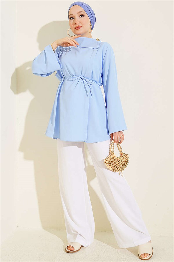 Cross Collar Hidden Button Shirt Blue