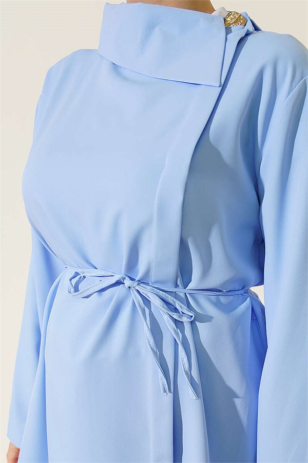 Cross Collar Hidden Button Shirt Blue