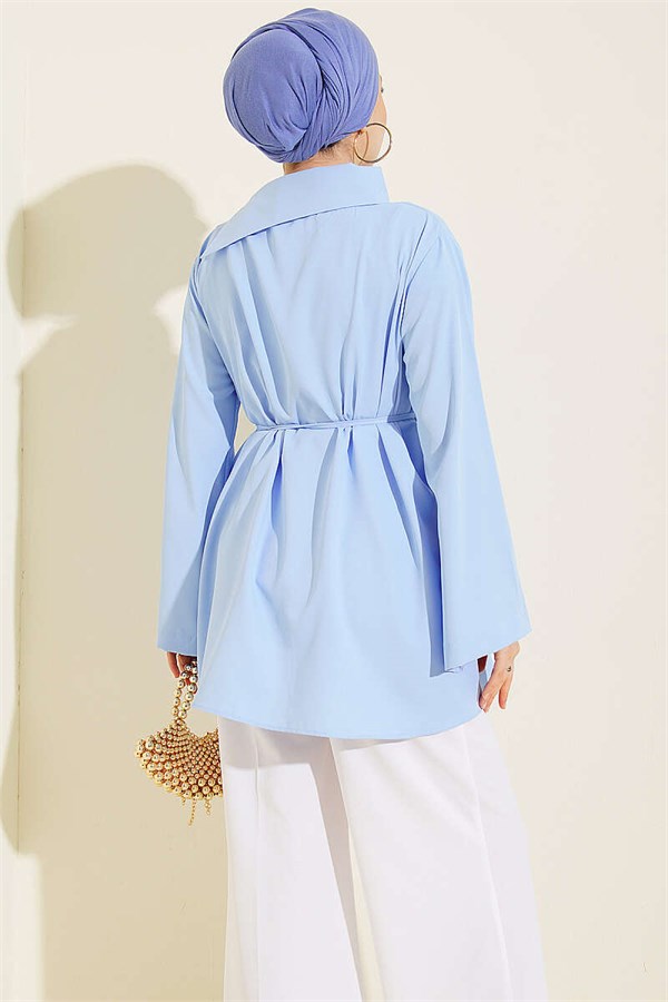 Cross Collar Hidden Button Shirt Blue