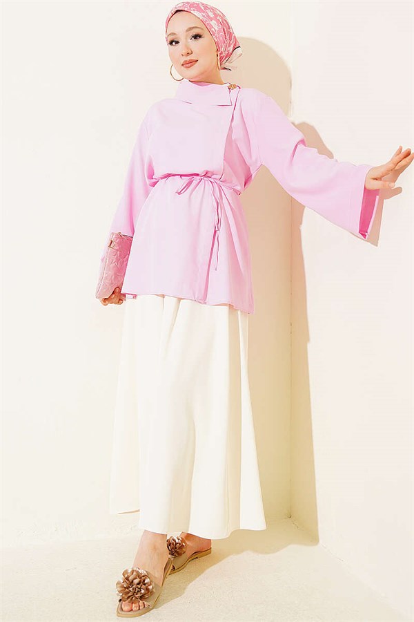 Cross Neck Hidden Button Shirt Pink