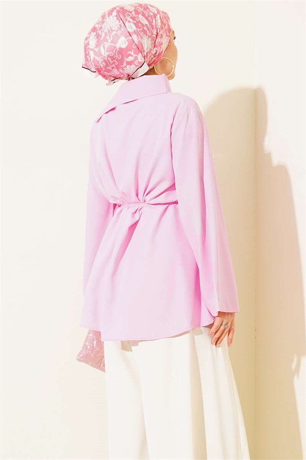 Cross Neck Hidden Button Shirt Pink
