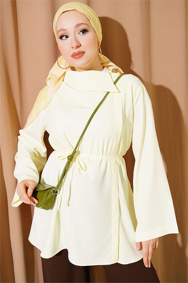 Cross Collar Hidden Button Shirt Yellow