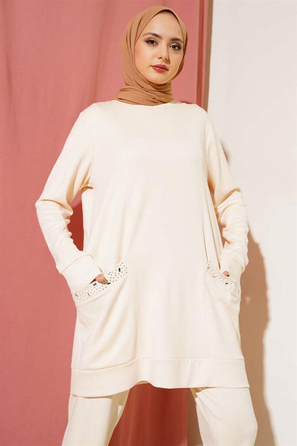 2 Piece Set Beige with Stone-Decorated Pocket