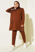 Two-Piece Brown Suit with Stone-Decorated Pocket