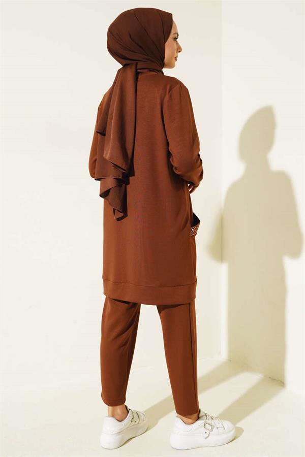 Two-Piece Brown Suit with Stone-Decorated Pocket