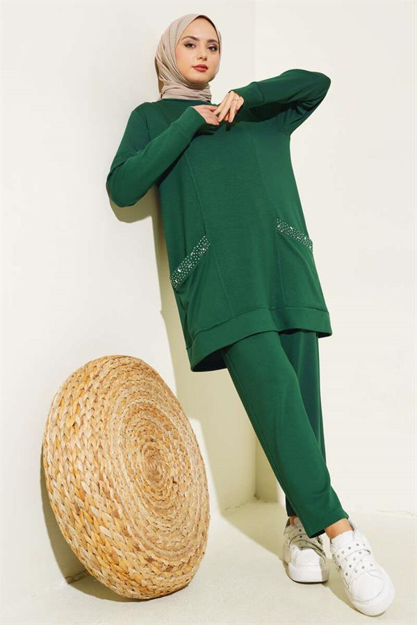 Emerald 2 Piece Set with Stone Embellished Pocket Watch