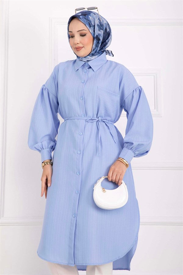 Pocket Detail Lace-Up Long Shirt Tunic Baby Blue