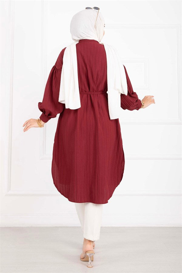 Pocket Detail Lace-Up Long Shirt Tunic Burgundy