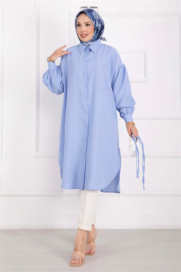 Pocket Detail Lace-Up Long Shirt Tunic Baby Blue