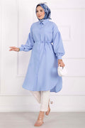 Pocket Detail Lace-Up Long Shirt Tunic Baby Blue
