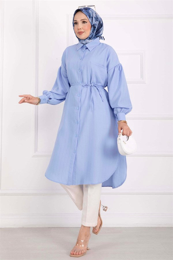 Pocket Detail Lace-Up Long Shirt Tunic Baby Blue