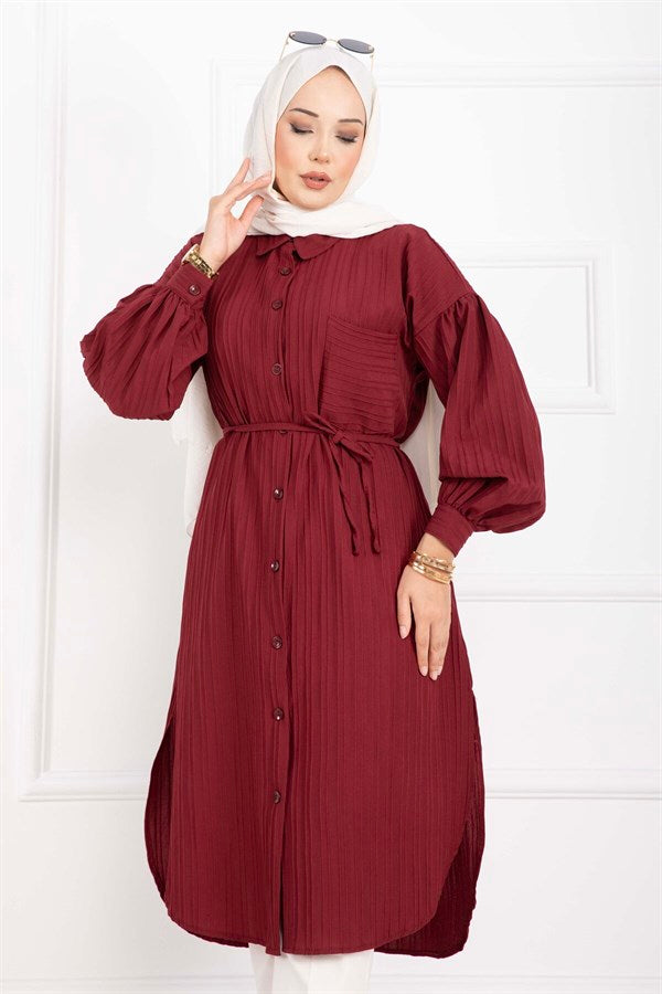Pocket Detail Lace-Up Long Shirt Tunic Burgundy