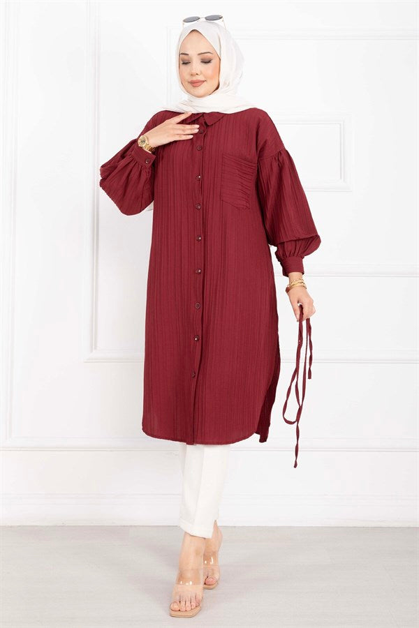 Pocket Detail Lace-Up Long Shirt Tunic Burgundy