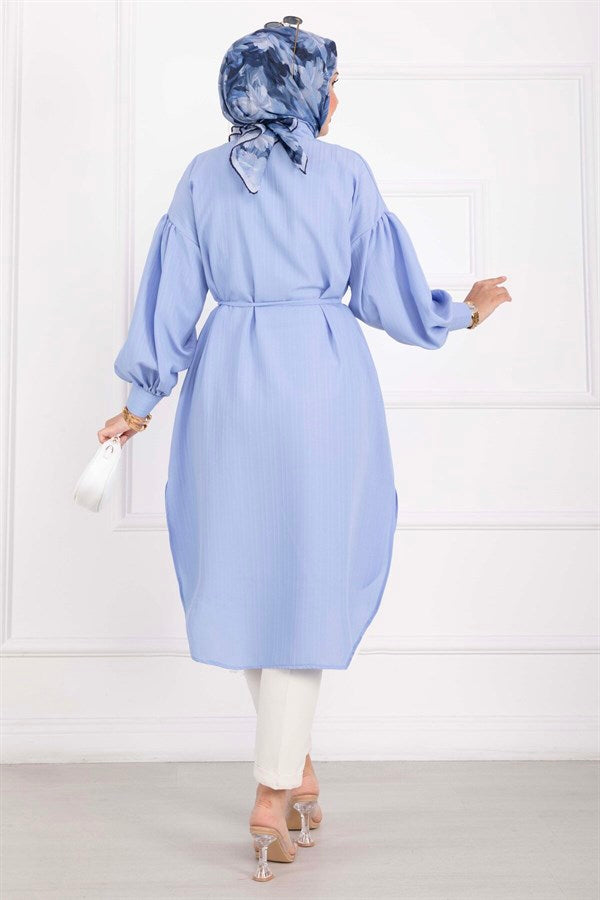 Pocket Detail Lace-Up Long Shirt Tunic Baby Blue