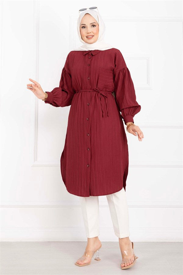 Pocket Detail Lace-Up Long Shirt Tunic Burgundy