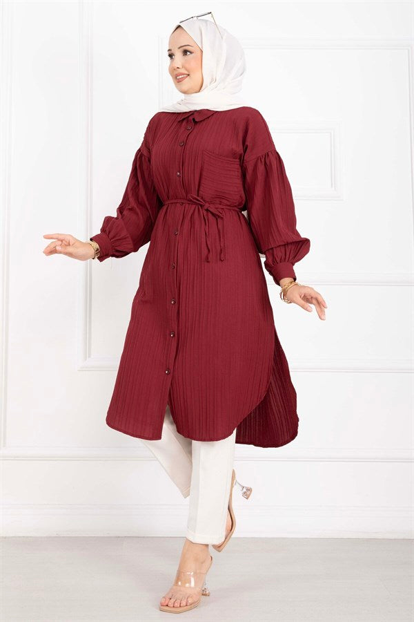 Pocket Detail Lace-Up Long Shirt Tunic Burgundy