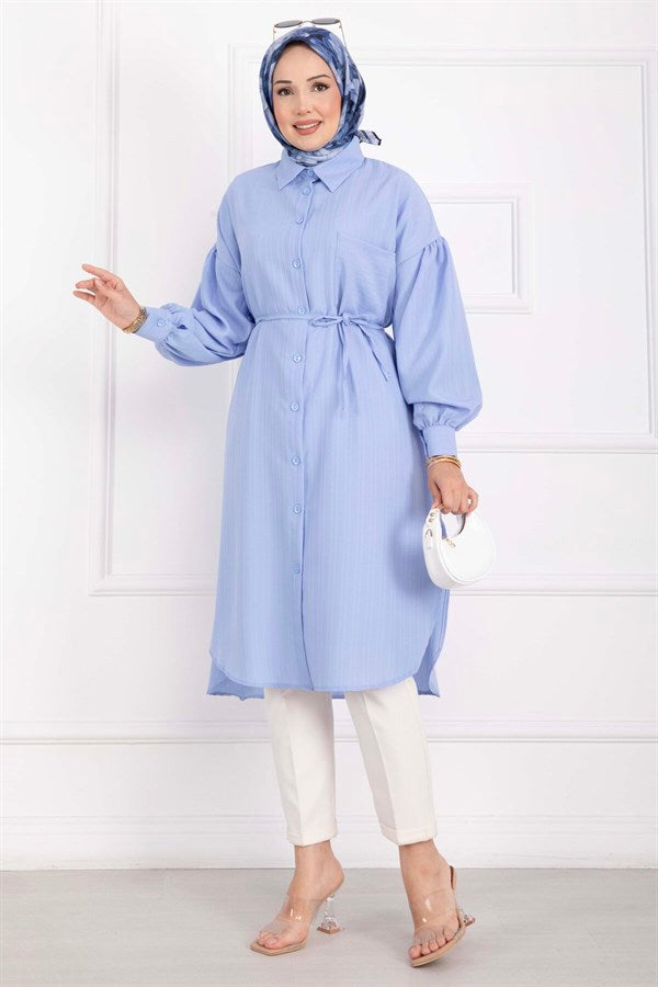 Pocket Detail Lace-Up Long Shirt Tunic Baby Blue