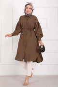 Pocket Detail Lace-Up Long Shirt Tunic Brown