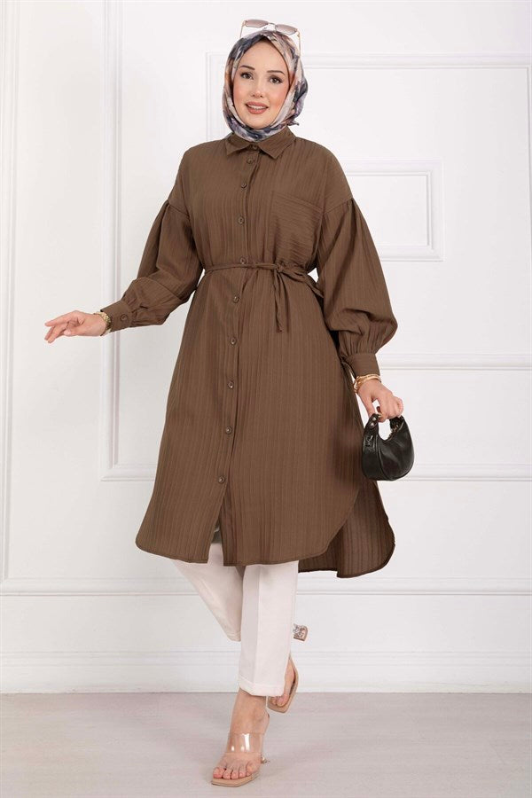 Pocket Detail Lace-Up Long Shirt Tunic Brown