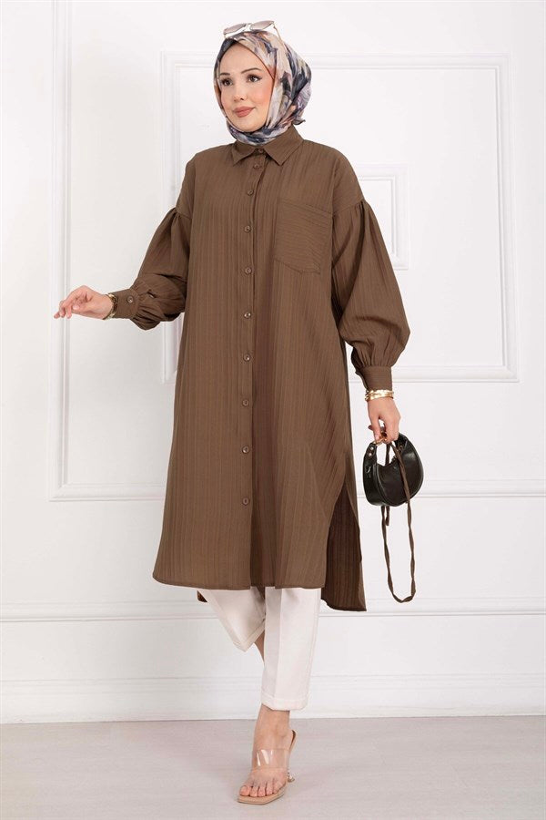 Pocket Detail Lace-Up Long Shirt Tunic Brown