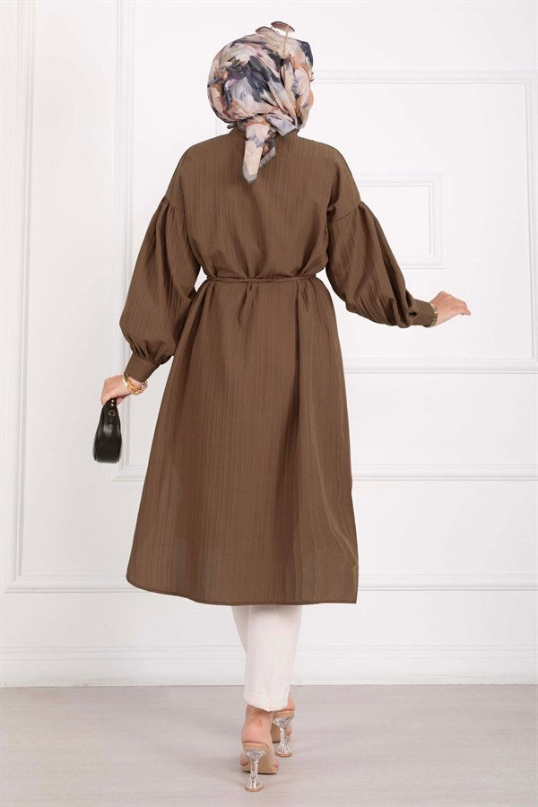 Pocket Detail Lace-Up Long Shirt Tunic Brown