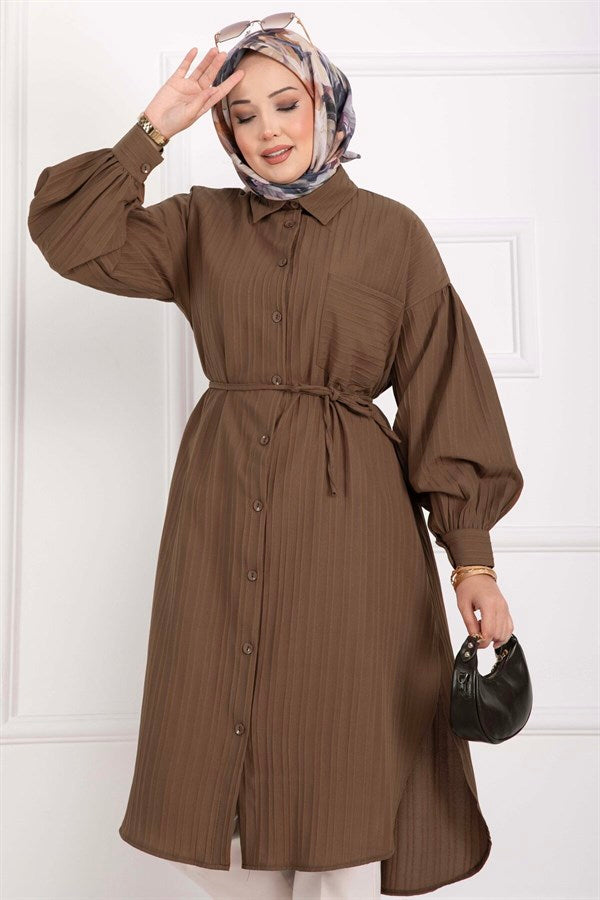 Pocket Detail Lace-Up Long Shirt Tunic Brown