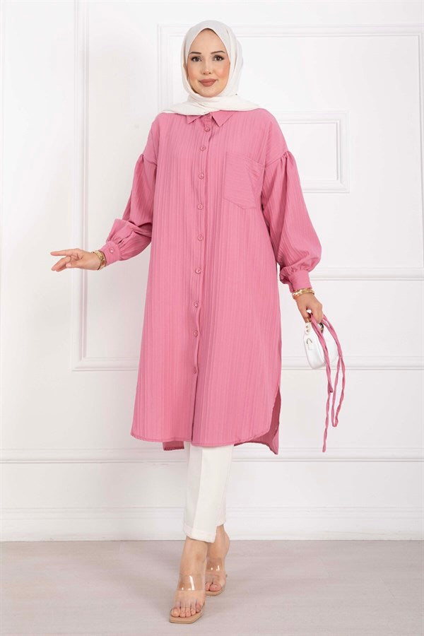 Pocket Detail Lace-Up Long Shirt Tunic Pink